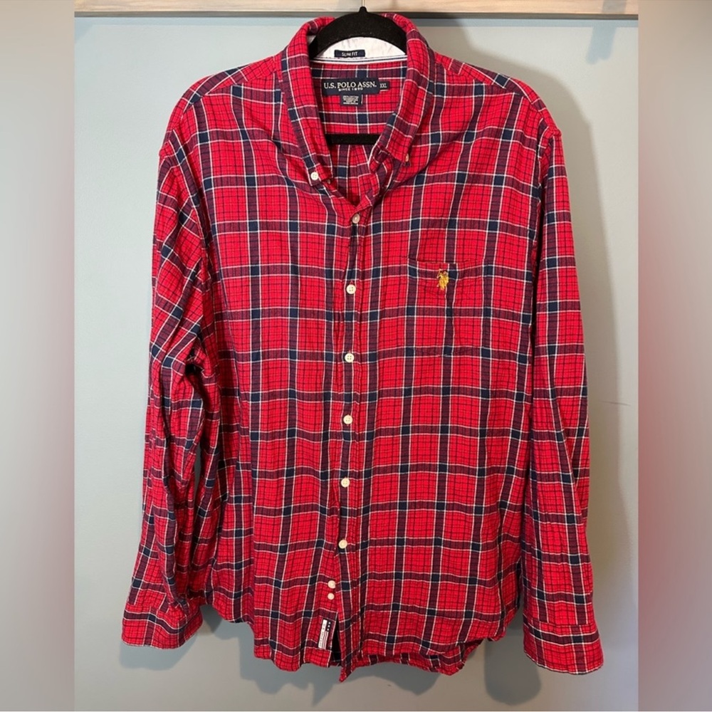 U.S. Polo Assn. Slim Fit Button Up Long Sleeve Shirt in Red/Blue Plaid Flannel